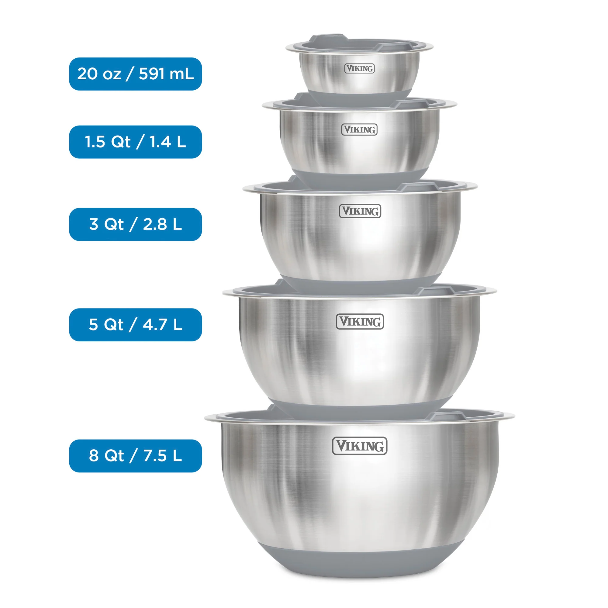 Viking 10-Piece Stainless Steel Mixing Bowl Set with Lids, Gray - Image 4