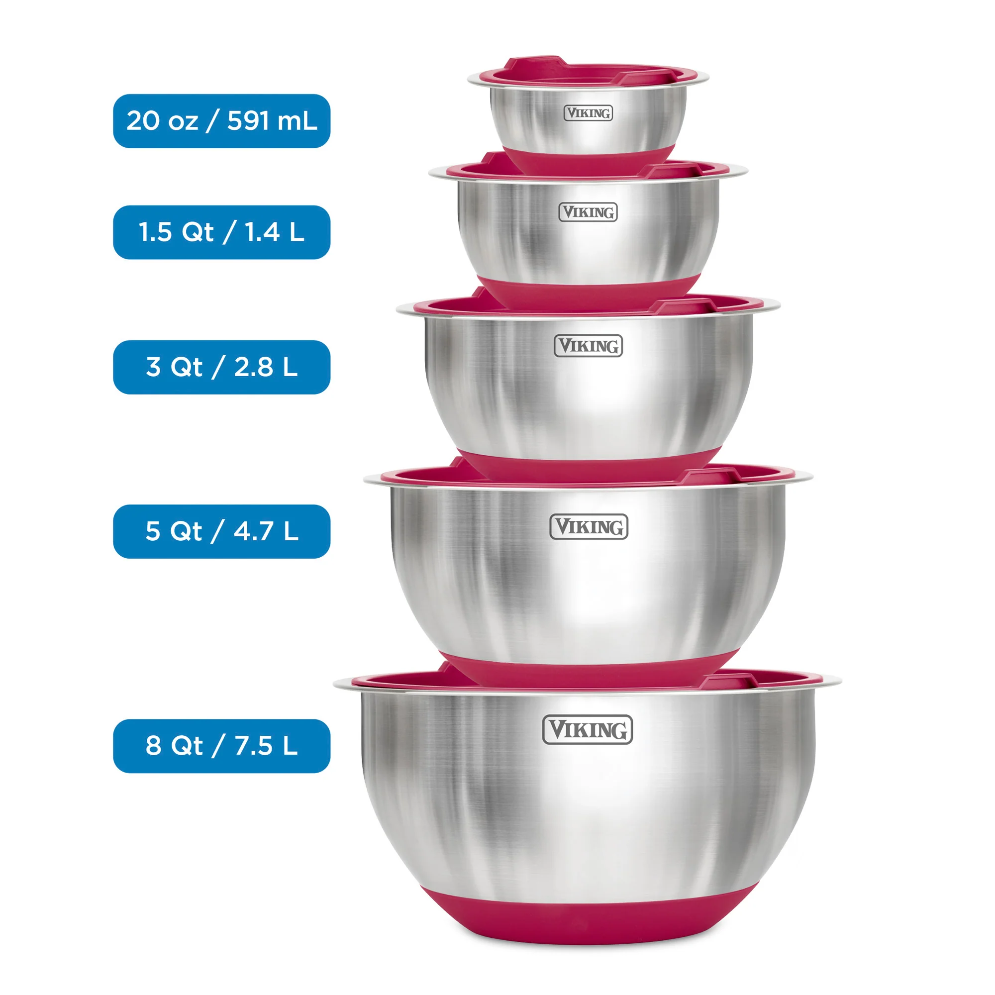 Viking 10-Piece Stainless Steel Mixing Bowl Set with Lids, Red - Image 4