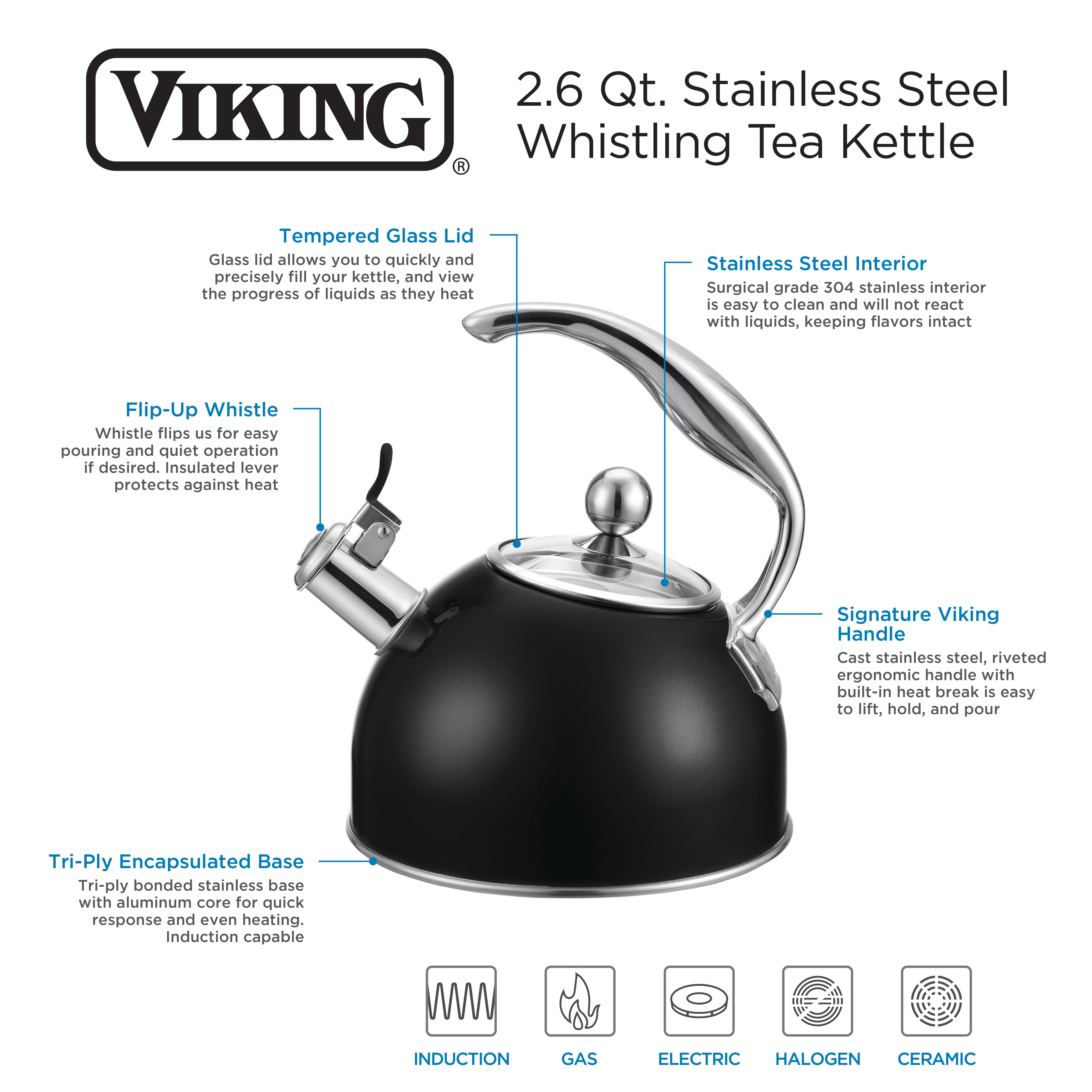 Viking 2.6 Qt. Stainless Steel Whistling Kettle with 3-Ply Base, Matte Black - Image 4
