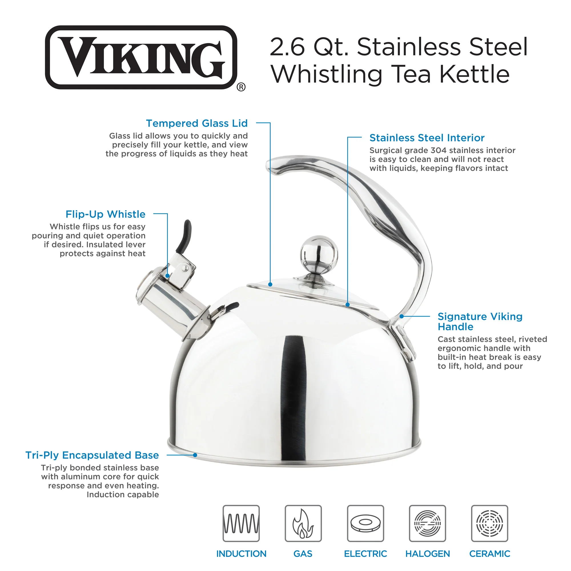 Viking 2.6-Quart Mirrored Stainless Steel Whistling Kettle with 3-Ply Base - Image 3