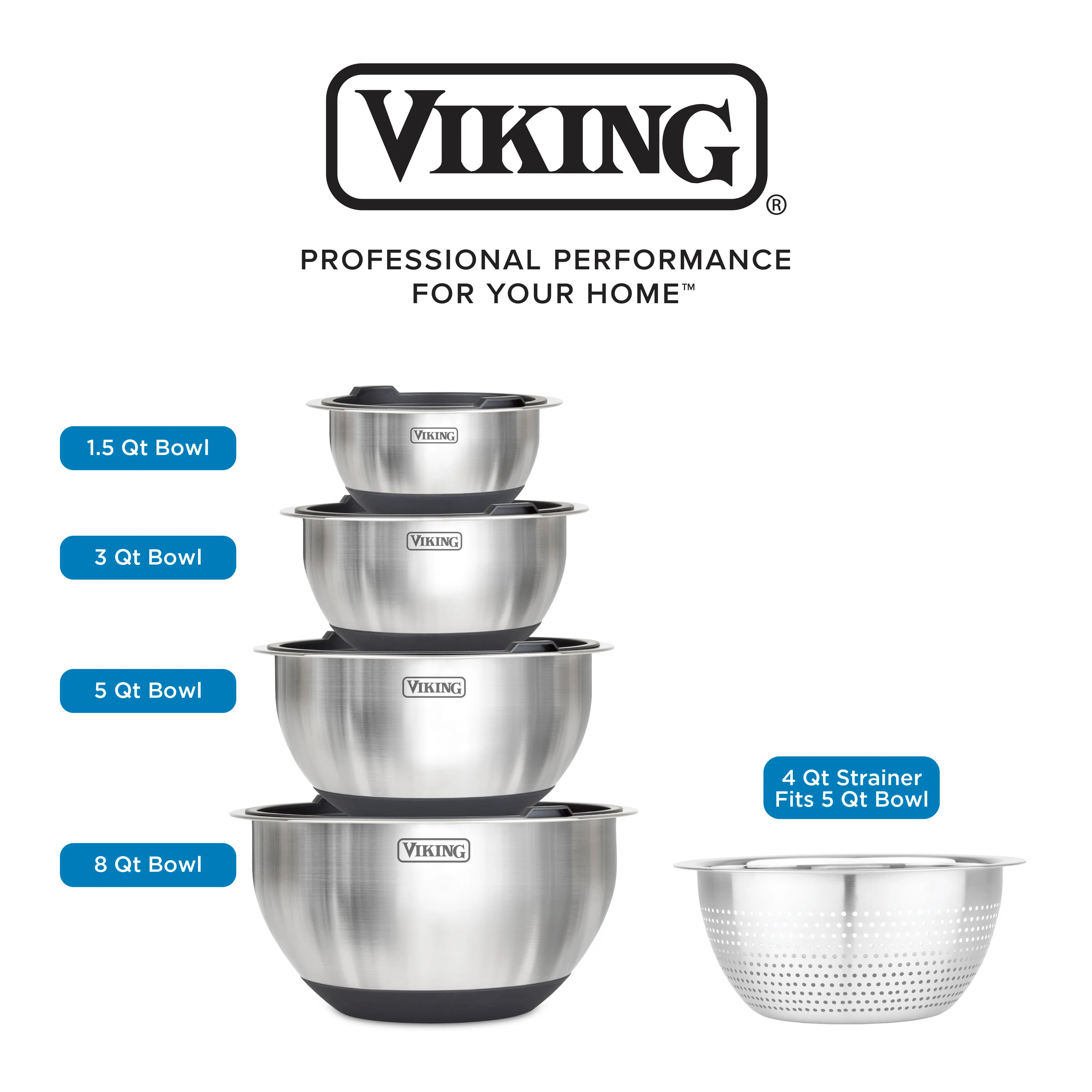 Viking 9-Piece Stainless Steel Mixing Bowl Set with Strainer, Black - Image 5