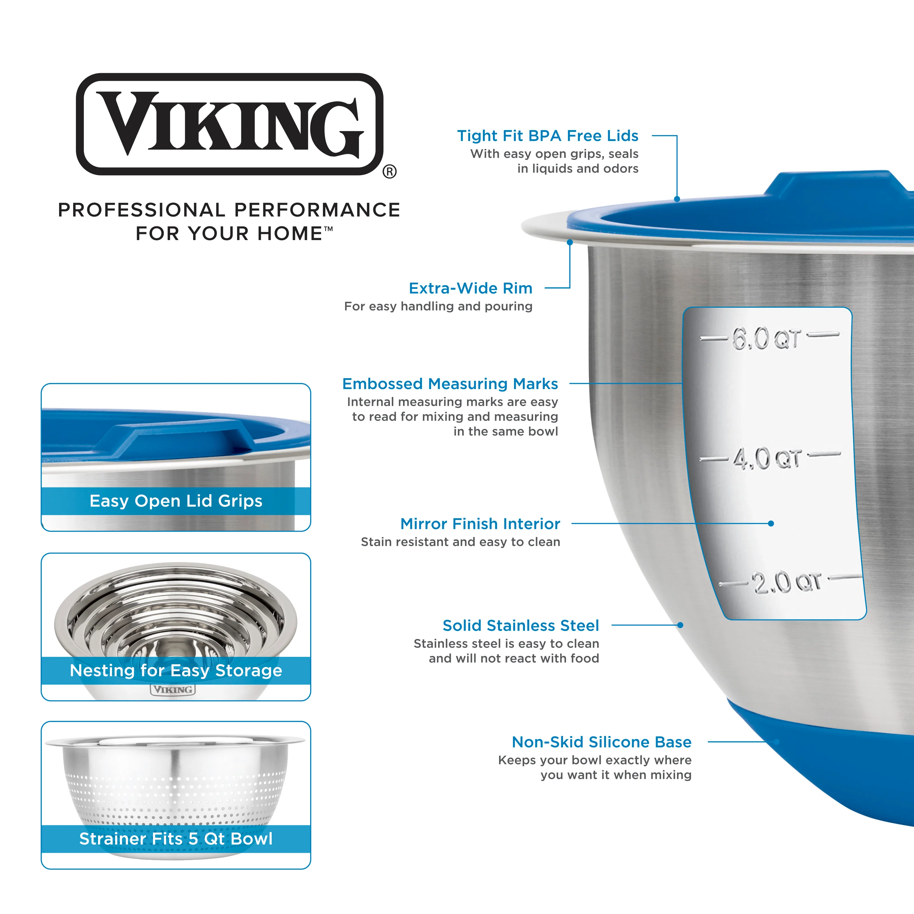 Viking 9-Piece Stainless Steel Mixing Bowl Set with Strainer, Blue - Image 4