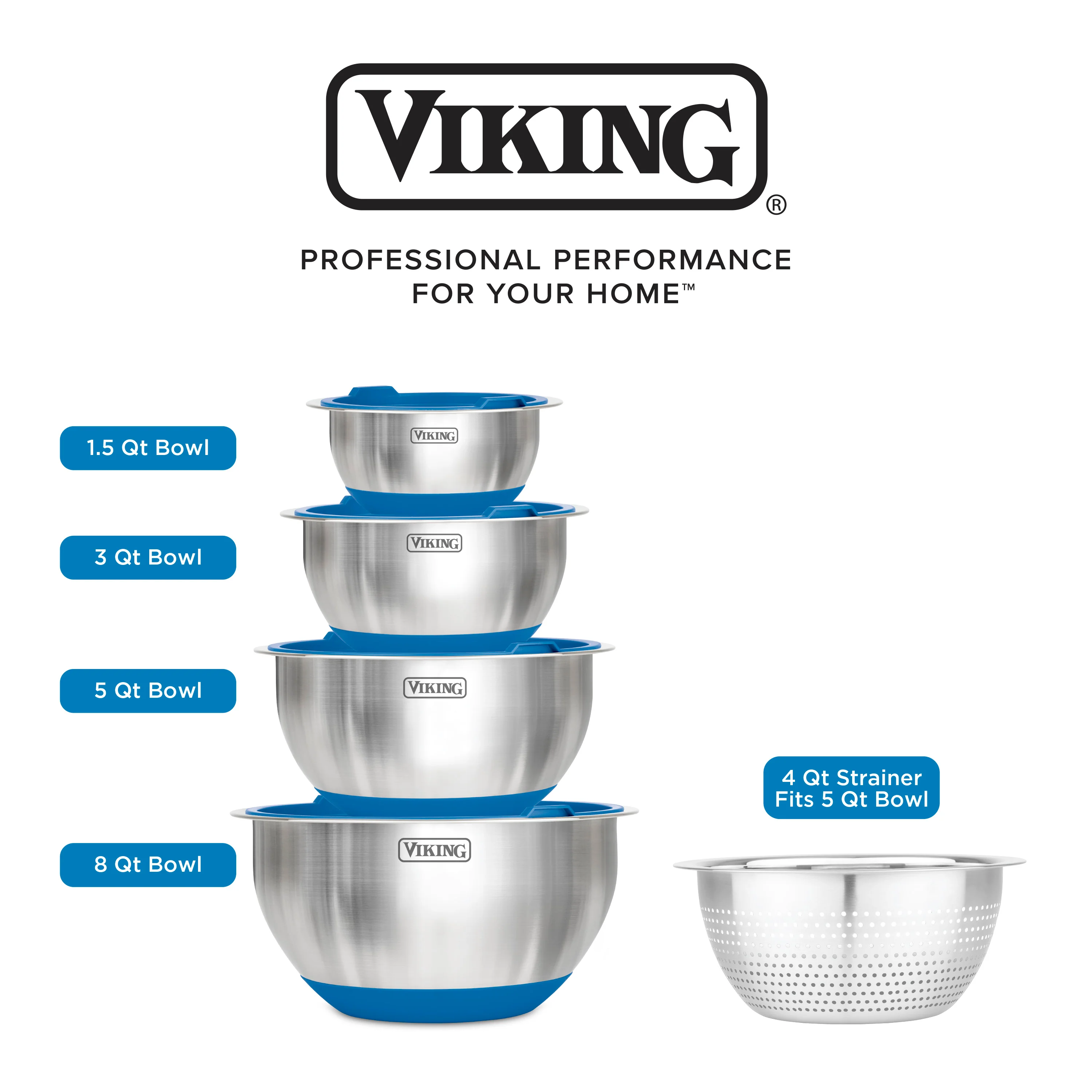 Viking 9-Piece Stainless Steel Mixing Bowl Set with Strainer, Blue - Image 5