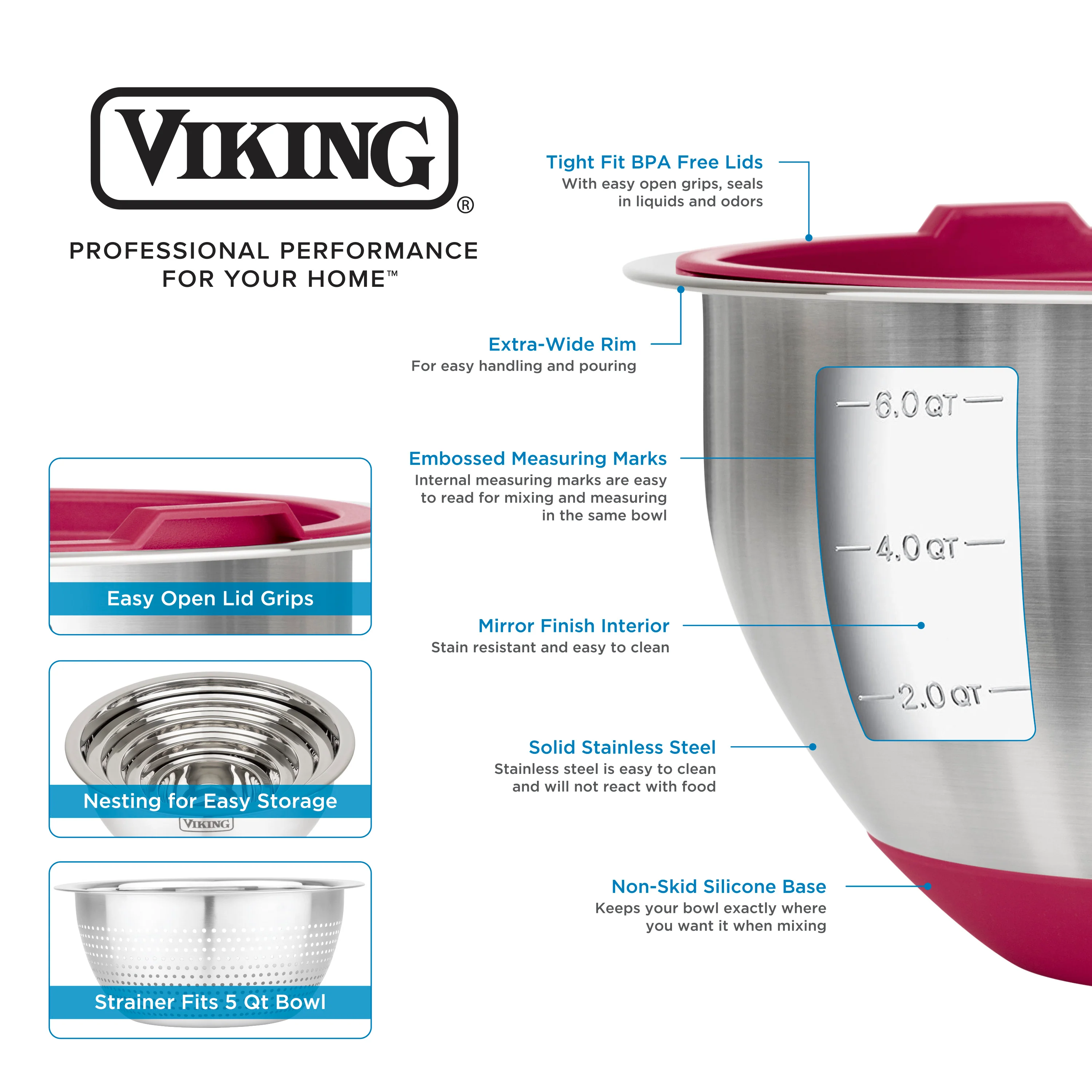 Viking 9-Piece Stainless Steel Mixing Bowl Set with Strainer, Red - Image 4