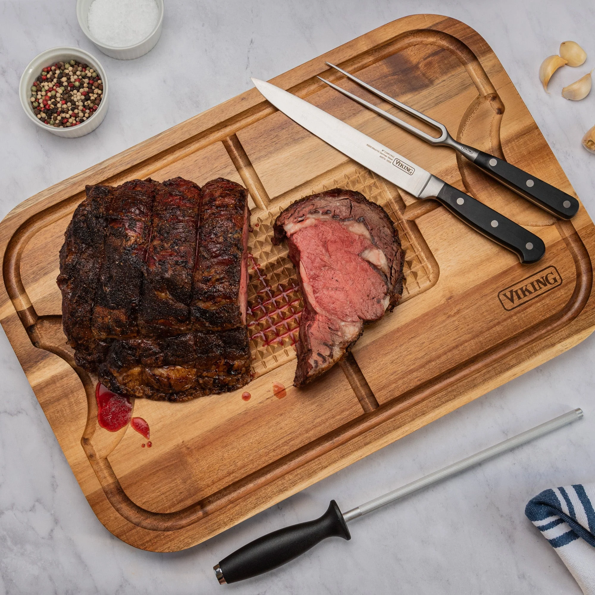 Viking Acacia Wood Cutting Board with 3-Piece Stainless Steel Carving Set - Image 7
