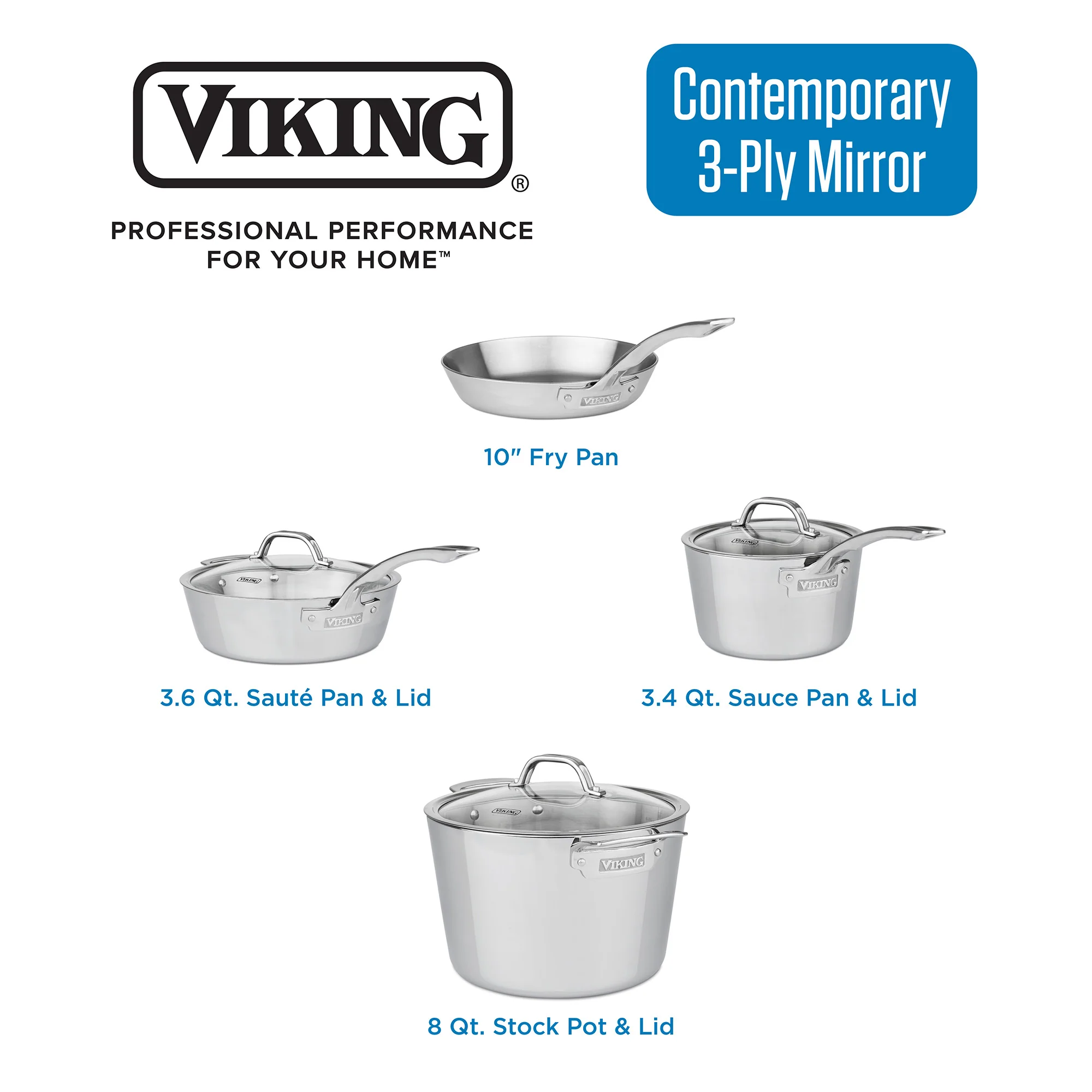 Viking Contemporary 3-Ply Stainless Steel 7-Piece Cookware Set with Glass Lids - Image 3